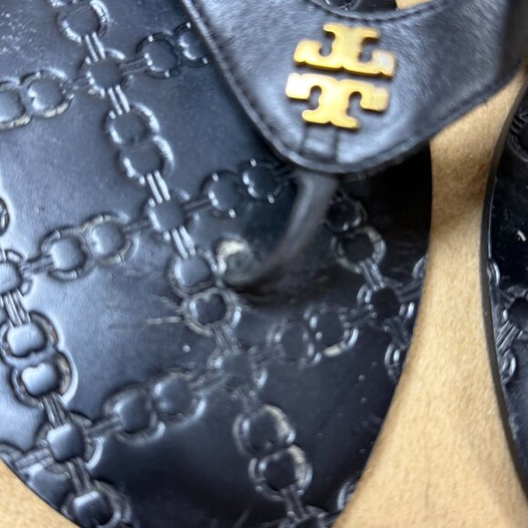 Tory Burch Monroe Black Leather Logo Flip Flops Womens Size 8M Embossed Sole - Picture 9 of 10